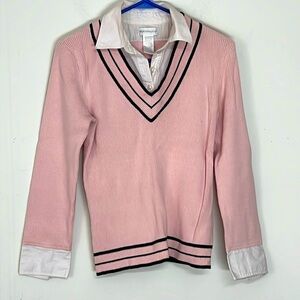 🌞 Worthington preppy layered look 2 in 1 pink & black v-neck varsity sweater M